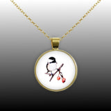 Black Capped Chickadee w/ Juicy Red Berries Color Pencil Drawing Style 1" Pendant Necklace in Gold Tone