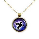 Unicorn with Wings Black Silhouette in Dark Purple Forest 1" Pendant Necklace in Silver Tone or Gold Tone