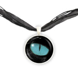 Black Cat's Ice Blue Eye Illustration Art 1" Pendant Necklace in Silver Tone