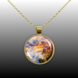 Misty Grand Canyon Zoroaster Peak Thomas Moran Art Painting 1" Pendant Necklace in Gold Tone