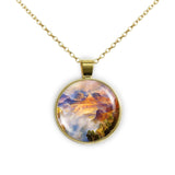 Misty Grand Canyon Zoroaster Peak Thomas Moran Art Painting 1" Pendant Necklace in Gold Tone