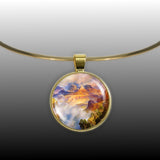 Misty Grand Canyon Zoroaster Peak Thomas Moran Art Painting 1" Pendant Necklace in Gold Tone