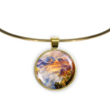 Misty Grand Canyon Zoroaster Peak Thomas Moran Art Painting 1" Pendant Necklace in Gold Tone