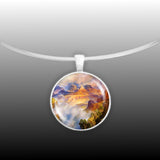 Misty Grand Canyon Zoroaster Peak Thomas Moran Art Painting 1" Pendant Necklace in Silver Tone