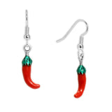 Spicy Red Hot Chili Pepper with Green Top Earrings in Silver Tone