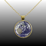 Blue Marble Planet Earth with Transiting Moon Solar System 1" Pendant Necklace in Gold Tone