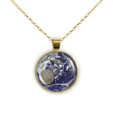 Blue Marble Planet Earth with Transiting Moon Solar System 1" Pendant Necklace in Gold Tone