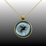 Flying Unicorn or Pegasus & Birds Against Blue Tinted Moon Autumn & Halloween Illustration Art 1" Pendant Necklace in Gold Tone