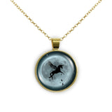 Flying Unicorn or Pegasus & Birds Against Blue Tinted Moon Autumn & Halloween Illustration Art 1" Pendant Necklace in Gold Tone