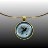 Flying Unicorn or Pegasus & Birds Against Blue Tinted Moon Autumn & Halloween Illustration Art 1" Pendant Necklace in Gold Tone