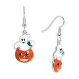 White Ghost in Jack-o-lantern Pumpkin Earrings in Silver Tone, Celebrate Halloween, Autumn, Harvest