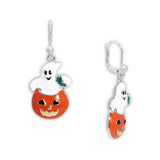 White Ghost in Jack-o-lantern Pumpkin Earrings in Silver Tone, Celebrate Halloween, Autumn, Harvest