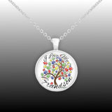 I Love My Grandson Puzzle Piece Tree Autism Awareness Folk Art Style 1" Pendant Necklace in Silver Tone