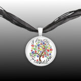 I Love My Grandson Puzzle Piece Tree Autism Awareness Folk Art Style 1" Pendant Necklace in Silver Tone