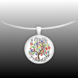 I Love My Grandson Puzzle Piece Tree Autism Awareness Folk Art Style 1" Pendant Necklace in Silver Tone