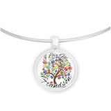 I Love My Grandson Puzzle Piece Tree Autism Awareness Folk Art Style 1" Pendant Necklace in Silver Tone