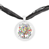 I Love My Grandson Puzzle Piece Tree Autism Awareness Folk Art Style 1" Pendant Necklace in Silver Tone