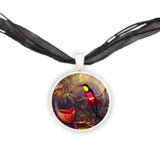 Nesting Crimson Topaz Hummingbirds Art Painting Pendant Necklace in Silver Tone