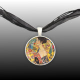 Fanning Lady From Art By Klimt Painting Pendant Necklace in Silver Tone