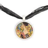 Fanning Lady From Art By Klimt Painting Pendant Necklace in Silver Tone