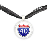 Interstate 40 Sign Red, White & Blue USA Travel Illustration Pendant Necklace in Silver Tone