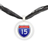 Interstate 15 Sign Red, White & Blue USA Travel Illustration Pendant Necklace in Silver Tone