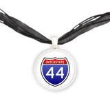 Interstate 44 Sign Red, White & Blue USA Travel Illustration Pendant Necklace in Silver Tone