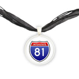 Interstate 81 Sign Red, White & Blue USA Travel Illustration Pendant Necklace in Silver Tone
