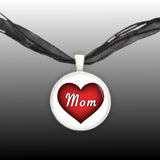 Mom in Fancy White Letters on Puffy Red Heart Pendant Necklace in Silver Tone