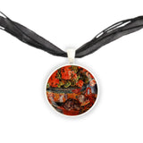 Kittens and Red Geranium Flowers Renoir Art Painting Pendant Necklace in Silver Tone