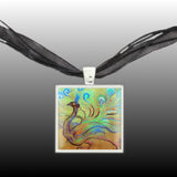 Colorful Peacock By Wyspiański Art Pastel Drawing Pendant Necklace in Silver Tone