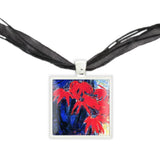 Red Poinsettia Art Painting Pendant Necklace in Silver Tone, Celebrate Christmas, Holidays