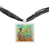 Colorful Peacock By Wyspiański Art Pastel Drawing Pendant Necklace in Silver Tone