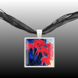 Red Poinsettia Art Painting Pendant Necklace in Silver Tone, Celebrate Christmas, Holidays