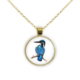 Common Kingfisher Bird Color Pencil Drawing Style 1" Pendant Necklace in Gold Tone
