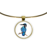 Common Kingfisher Bird Color Pencil Drawing Style 1" Pendant Necklace in Gold Tone