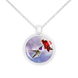 Purple Throated Lucifer Hummingbird & Crimson Red Flower on Blue Background 1" Pendant Necklace in Silver Tone