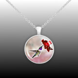 Purple Throated Lucifer Hummingbird & Crimson Flower on Red Background 1" Pendant Necklace in Silver Tone