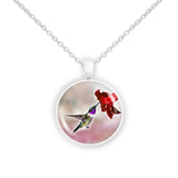 Purple Throated Lucifer Hummingbird & Crimson Flower on Red Background 1" Pendant Necklace in Silver Tone