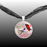 Purple Throated Lucifer Hummingbird & Crimson Flower on Red Background 1" Pendant Necklace in Silver Tone