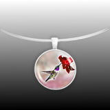 Purple Throated Lucifer Hummingbird & Crimson Flower on Red Background 1" Pendant Necklace in Silver Tone