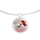 Purple Throated Lucifer Hummingbird & Crimson Flower on Red Background 1" Pendant Necklace in Silver Tone