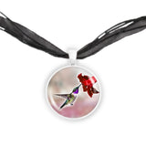 Purple Throated Lucifer Hummingbird & Crimson Flower on Red Background 1" Pendant Necklace in Silver Tone