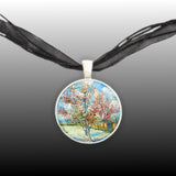 Pink Peach Trees Van Gogh Art Painting 1" Pendant Necklace in Silver Tone