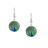 Green & Cobalt Blue Peacock Displaying His Feathers Photo Dangle Earrings w/ 3/4" Charms in Silver Tone or Gold Tone