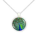 Green & Cobalt Blue Peacock Displaying His Feathers Photo 1" Pendant Cable Chain Necklace in Silver Tone or Gold Tone