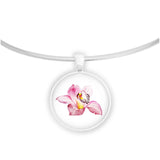 Pink Orchid Flower Color Pencil Drawing Style 1" Pendant Necklace in Silver Tone