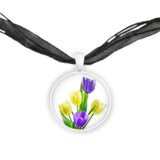 Sunny Yellow & Velvet Purple Tulip Flowers Art 1" Pendant Necklace Silver Tone