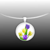 Sunny Yellow & Velvet Purple Tulip Flowers Art 1" Pendant Necklace Silver Tone