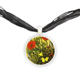 Crimson Red Poppy Flowers & Yellow Butterflies Van Gogh Art Painting 1" Pendant Necklace in Silver Tone